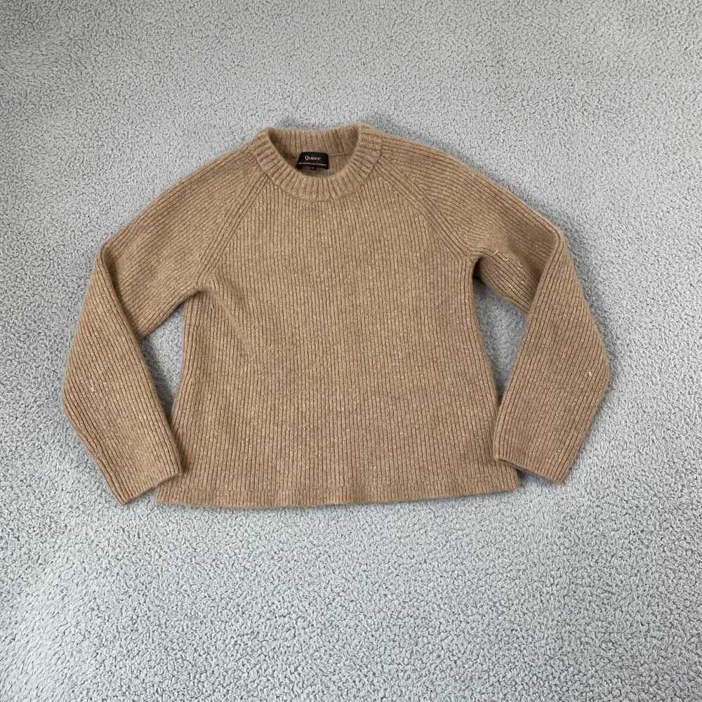 Quince Mongolian Cashmere Fisherman Sweater Women M (SHRUNK) Tan Crewneck